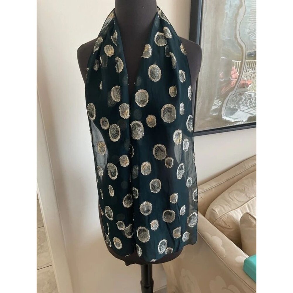 Stunning semi sheer black long scarf with gold lurex dots